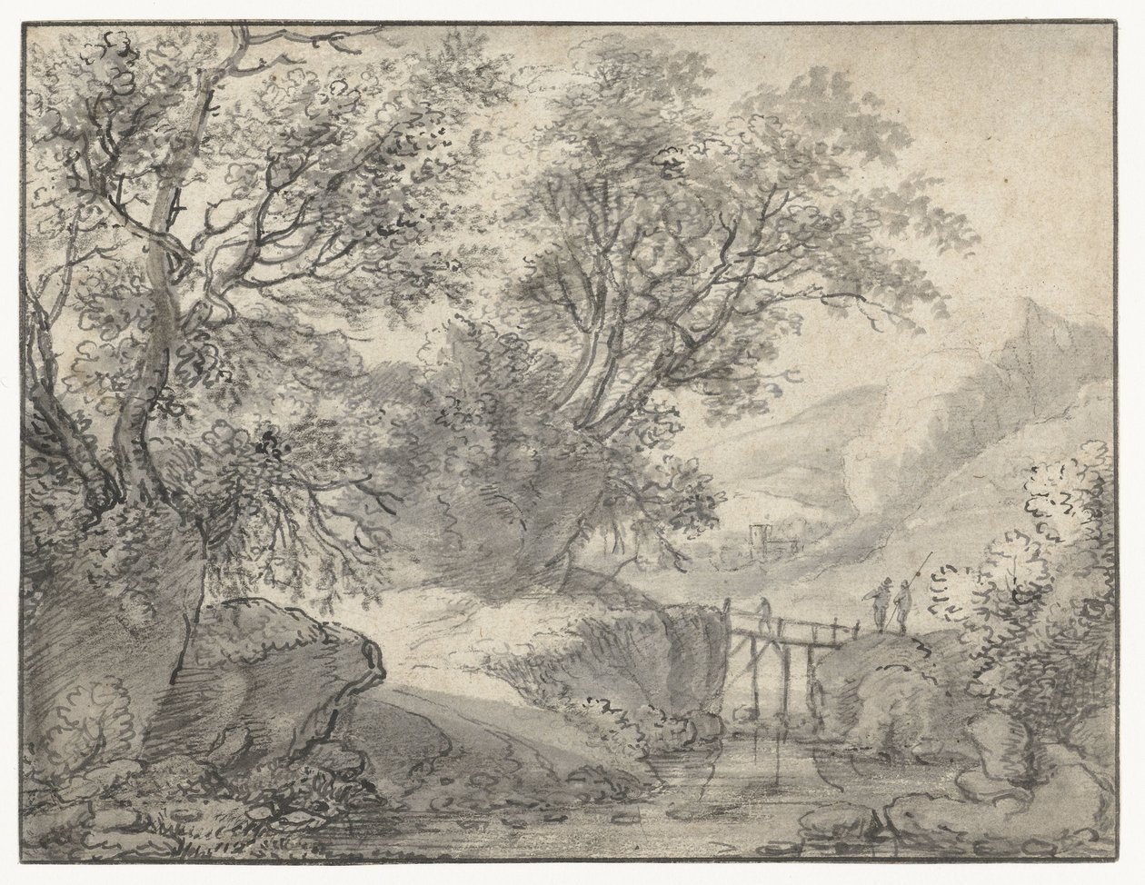 Berglandschaft mit Bäumen und einer Brücke über einen Bach von Anthonie Waterloo