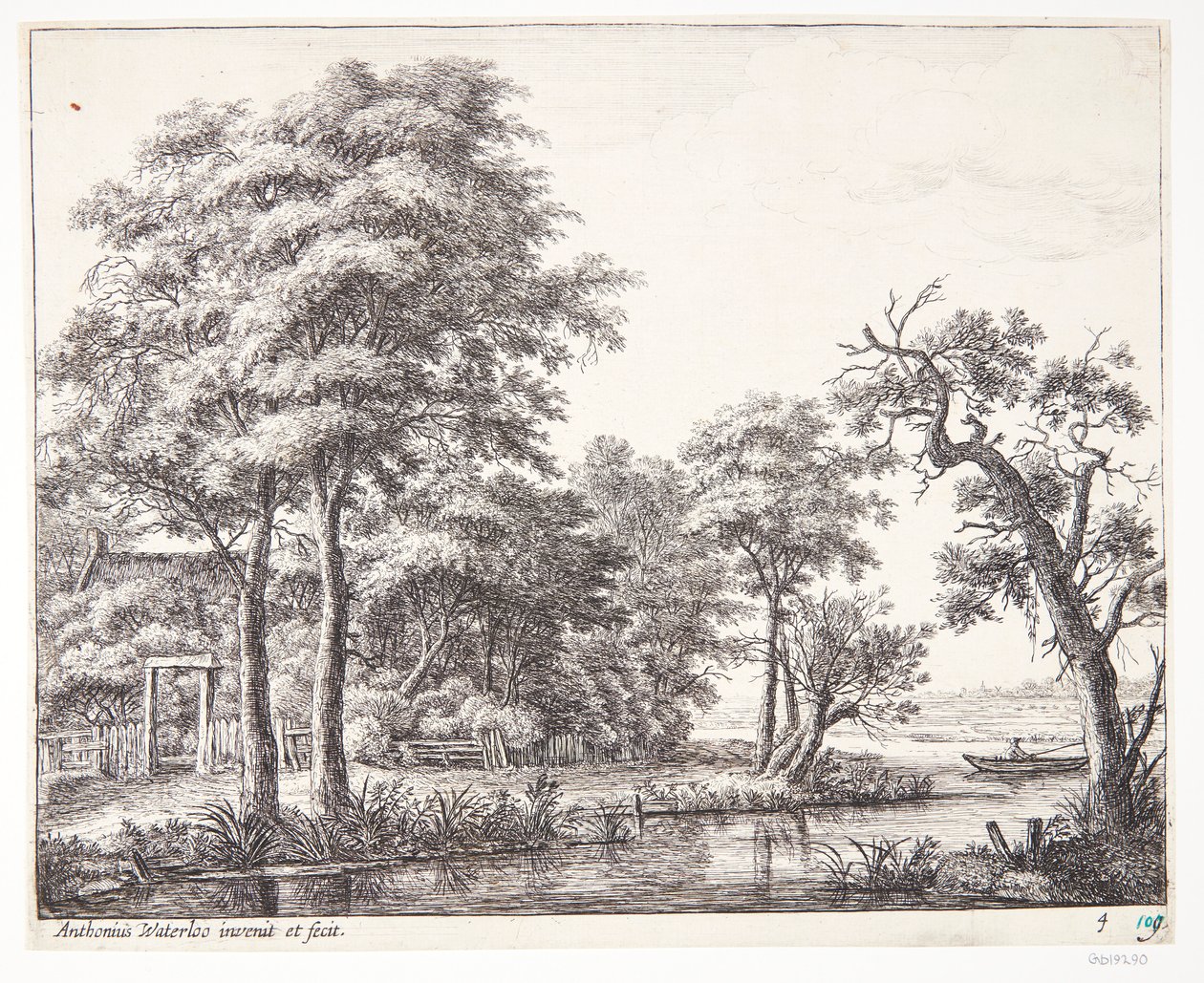 Flusslandschaft mit Mann in einem Boot von Anthonie Waterloo