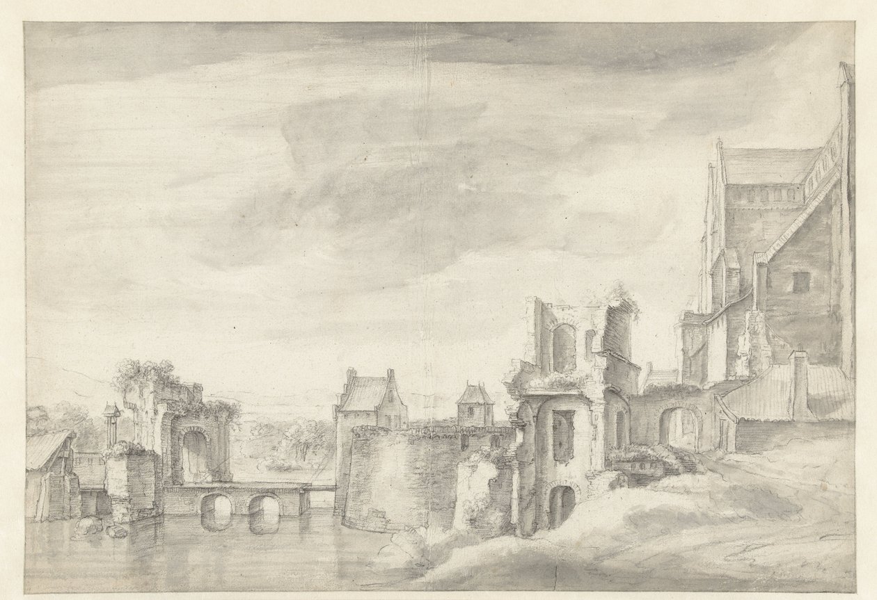 Ansicht von Ruinen an einem Flussufer (St. Walburgiskirche in Arnheim?) von Anthonie Waterloo