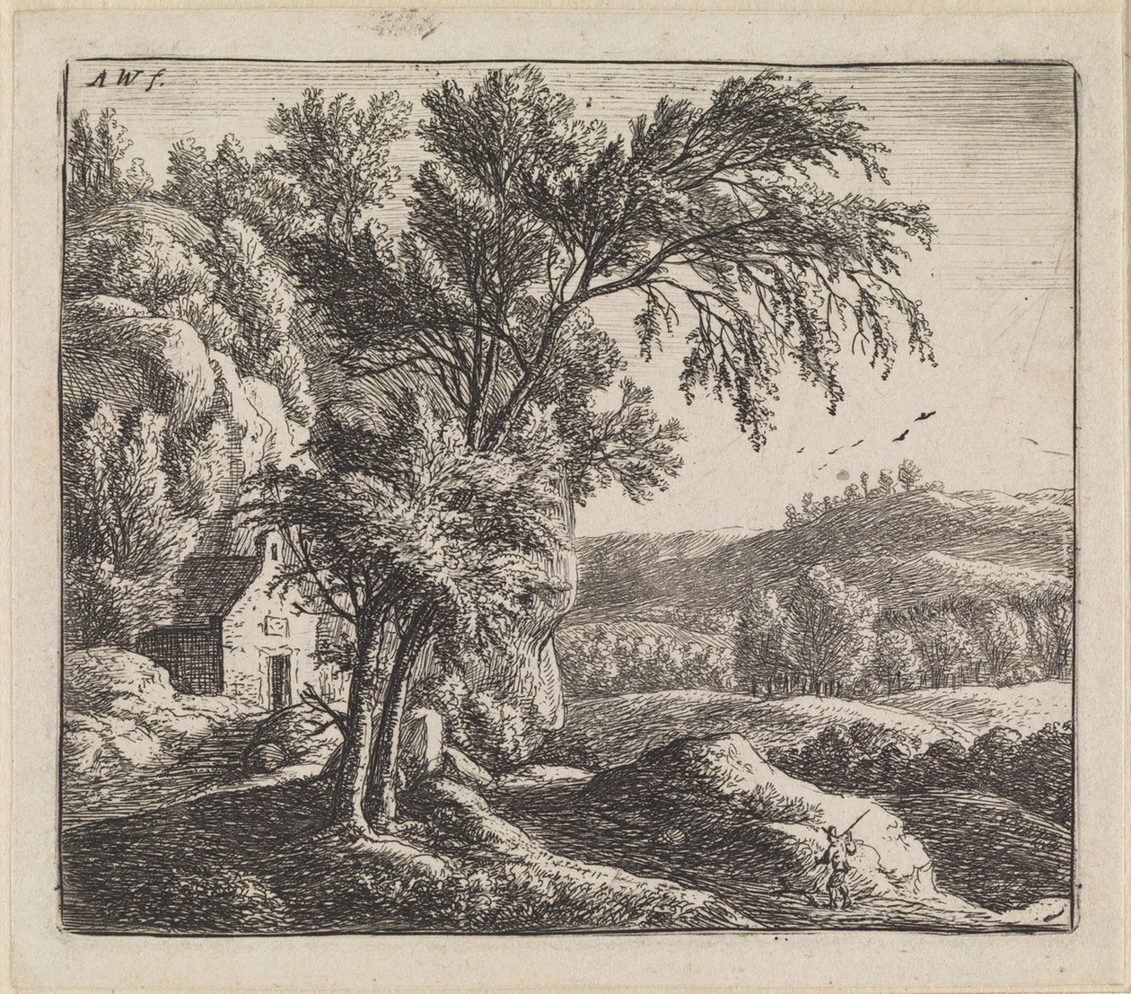 Landschaft mit Haus bei Felswand von Anthonie Waterloo