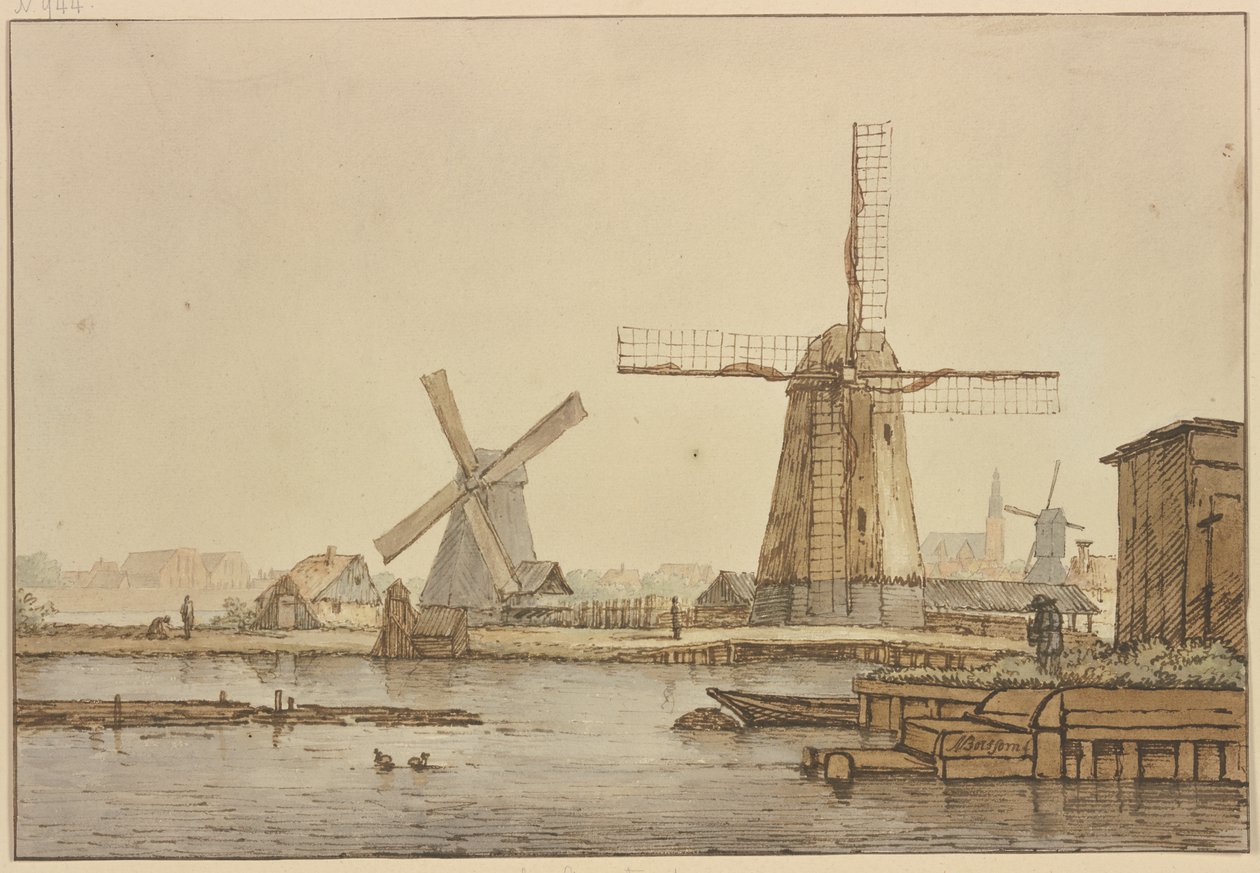 Drei Windmühlen bei Amsterdam von Anthonie van Borssom