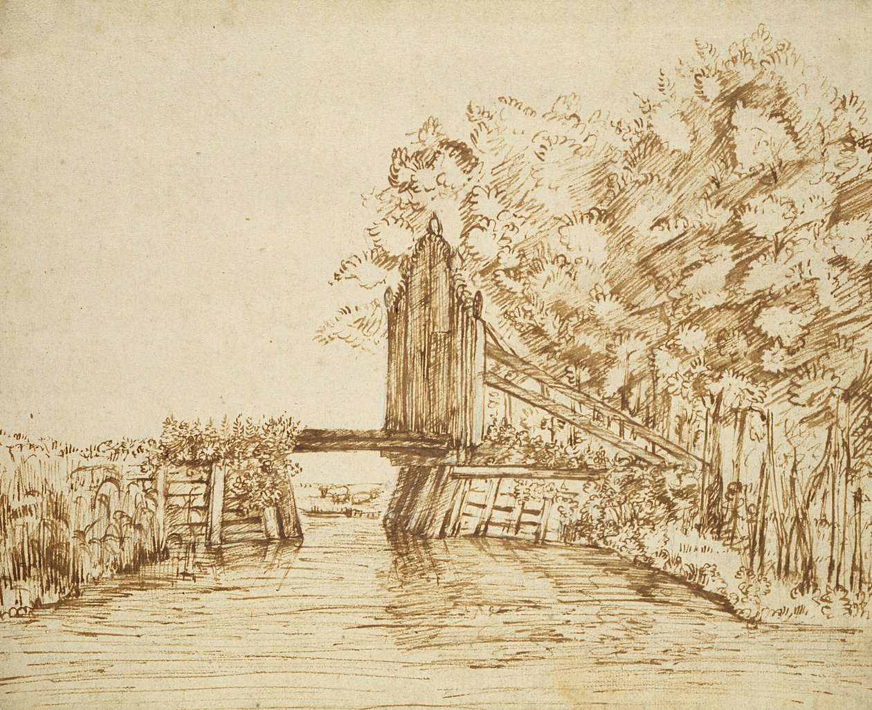 Kleine Brücke über Wasser und das Tor zum Anwesen von Anthonie van Borssom