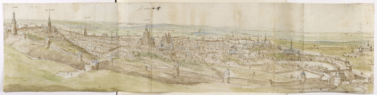 Panoramablick auf Leuven von Nordwesten (Feder und braune Tinte und Aquarell über schwarzer Kreide) von Anthonis van den Wyngaerde