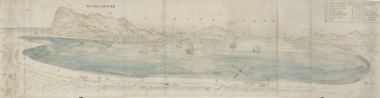 Panoramablick über die Bucht von Gibraltar in Richtung Stadt und afrikanische Küste von Anthonis van den Wyngaerde