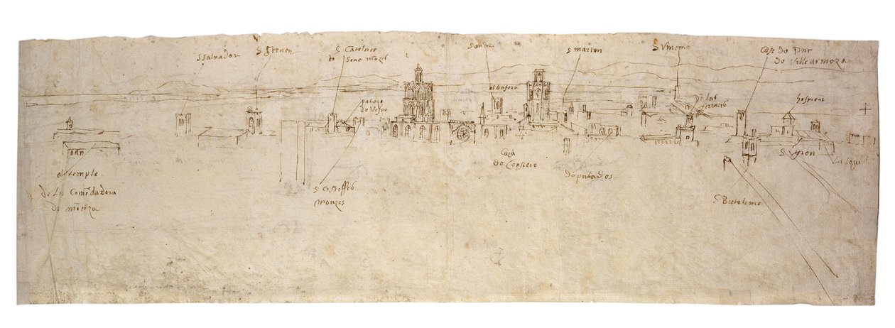 Rechte Seite: Skizze der Lagune von Valencia, la Albufera und angrenzende Küste und Landschaft Rückseite: Skizzen mehrerer Gebäude in Valencia von Anthonis van den Wyngaerde