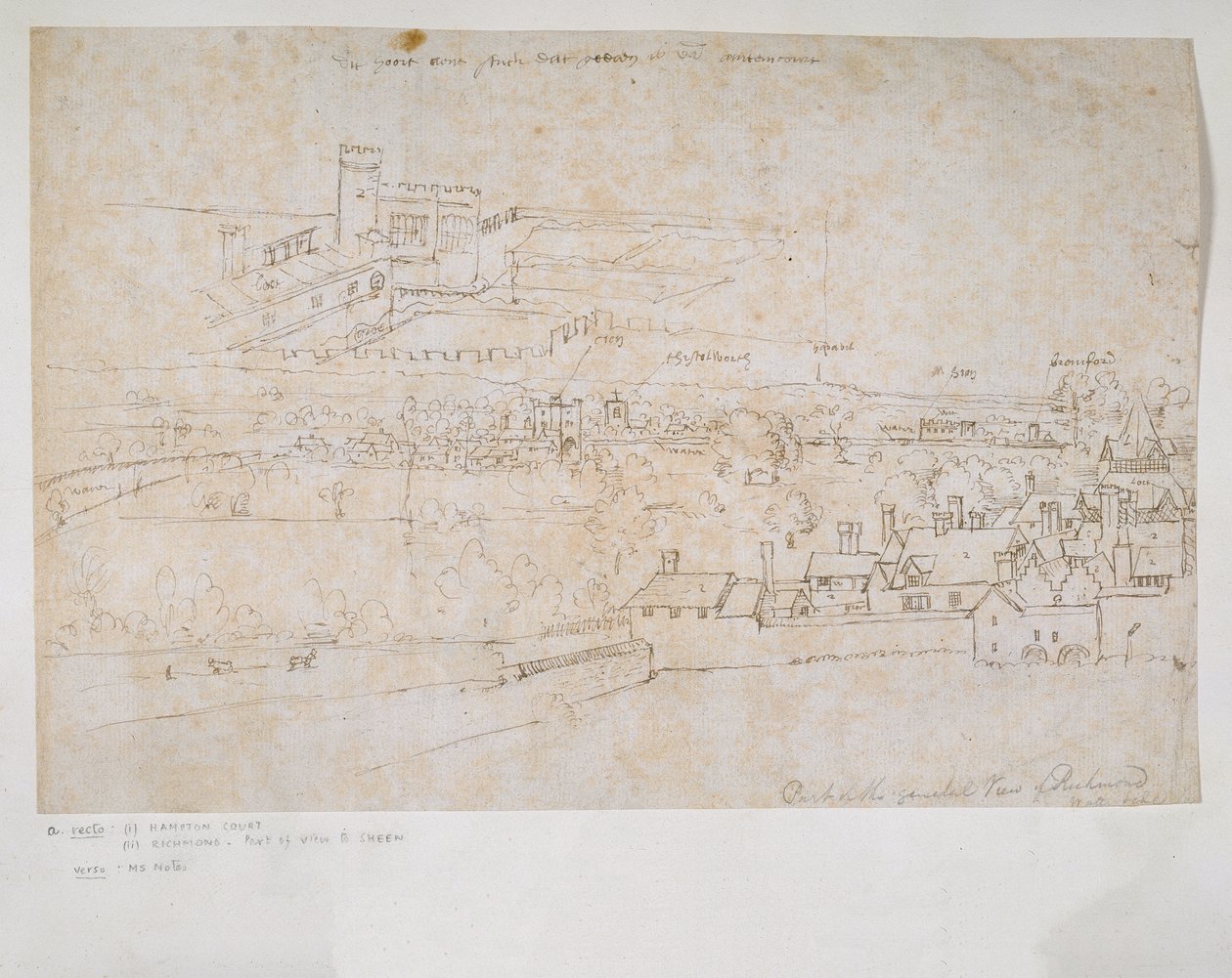 Blatt mit Studien der Paläste von Hampton Court und Richmond und der umliegenden Landschaft von Anthonis van den Wyngaerde