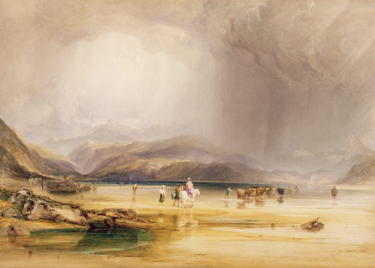 Blick von Snowdon von Sands of Traeth Mawe, aufgenommen am Ford zwischen Pont Aberglaslyn und Tremadoc, 1834 von Anthony Vandyke Copley Fielding