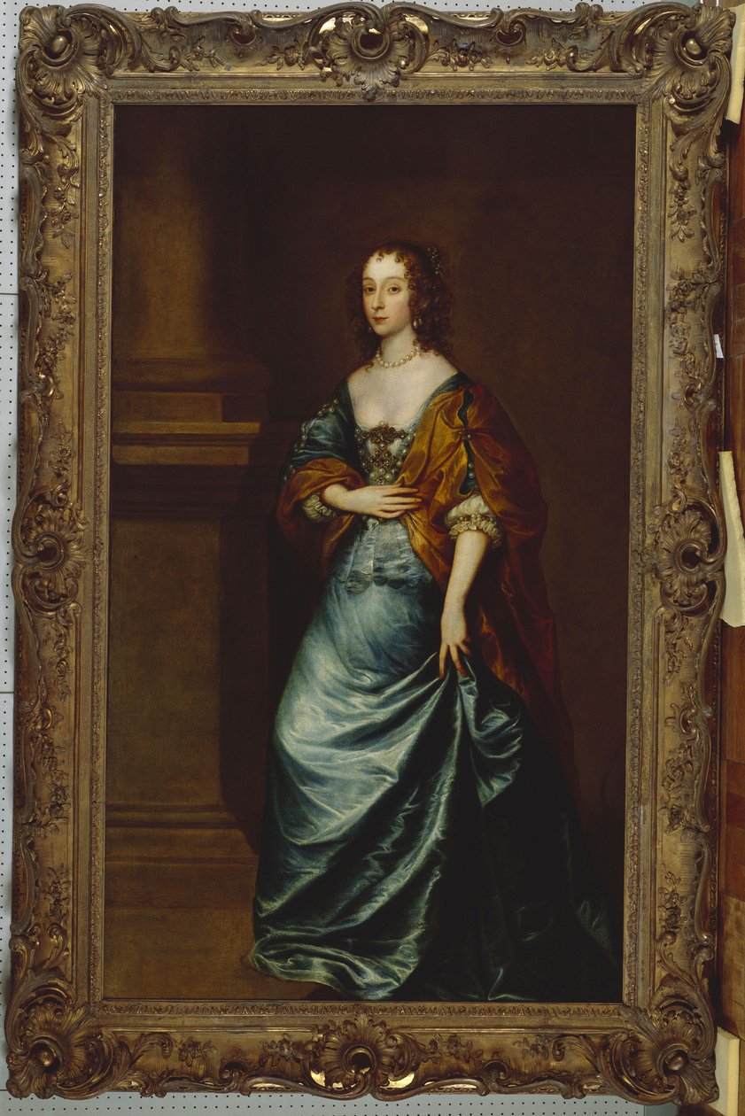 Porträt von Mary Villiers, Herzogin von Lennox und Richmond, in einem blauen Kleid und braunem Umhang bei einer Säule von Anthony van Dyck