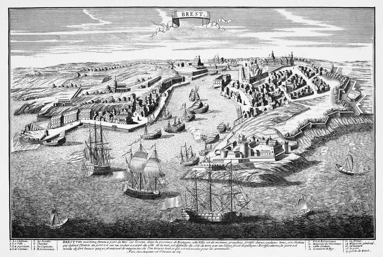 Perspektivische Ansicht der Stadt Brest vom Hafen aus im 17. Jahrhundert von Francois Antoine Aveline