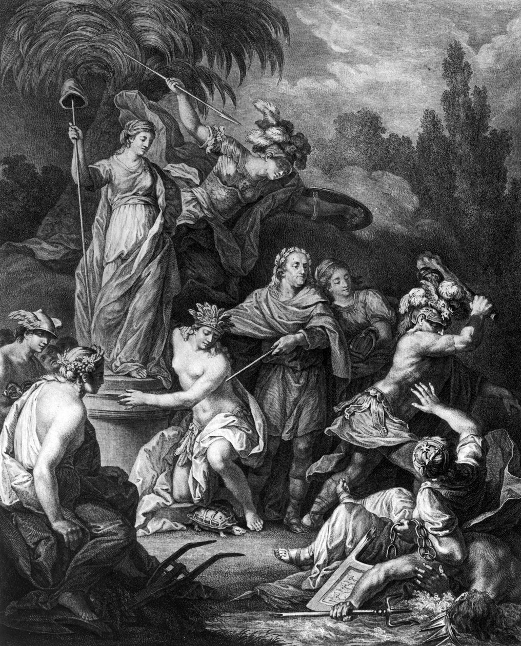 Allegorie von Das unabhängige Amerika, gewidmet dem amerikanischen Kongress, graviert von Jean Charles Levasseur (1734-1816), 1778 von Antoine Borel