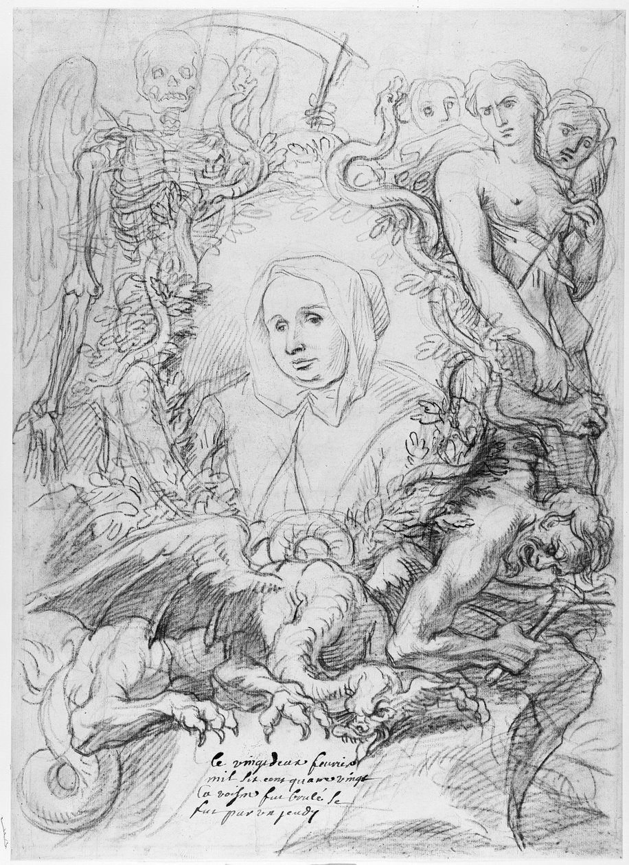 Catherine Monvoisin mit den drei Schicksalsgöttinnen rechts und dem Tod links von Charles Antoine Coypel