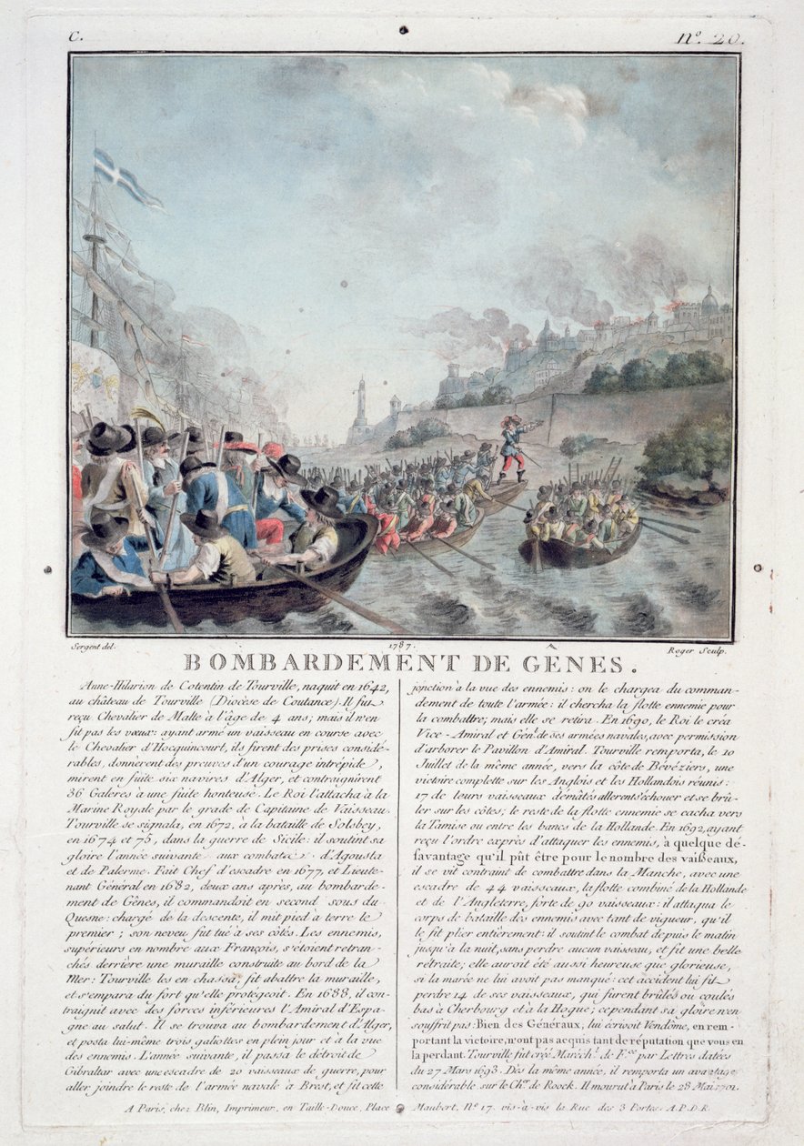 Bombardierung von Genua, 1684, graviert von Jean Baptiste Morret, 1787 von Antoine Louis Francois Sergent Marceau