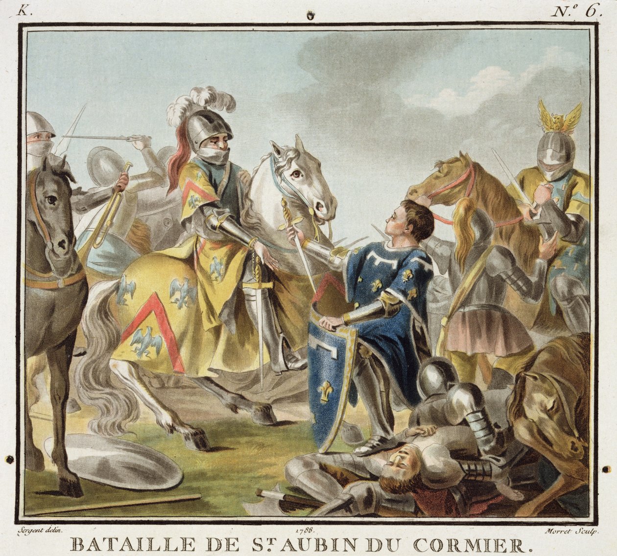 Schlacht von St. Aubin du Cormier im Jahr 1488, graviert von Jean Baptiste Morret (fl. 1790-1820) 1788 von Antoine Louis Francois Sergent Marceau