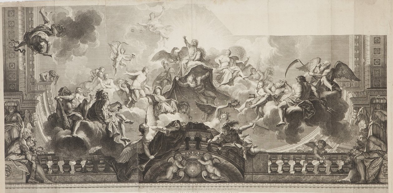 Entwurf des Mittelpaneels der Decke der Großen Galerie des Palais Royal, graviert von Nicolas Henri Tardieu (1674-1749) von Antoine (after) Coypel