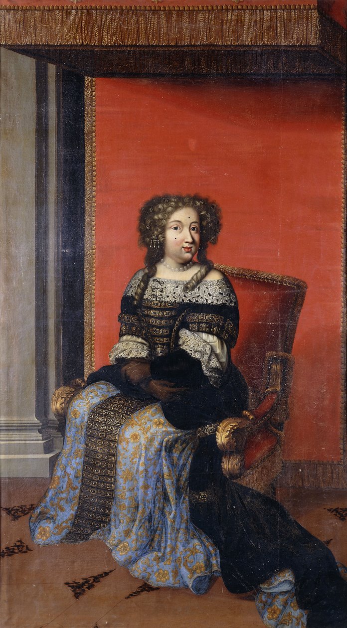 Porträt von Königin Maria Theresia, ganzsitzend, in einem juwelenbesetzten schwarzen Mieder mit Spitzenkragen und einem blau-goldenen Rock, auf einem Thron von Antoine (after) Dieu