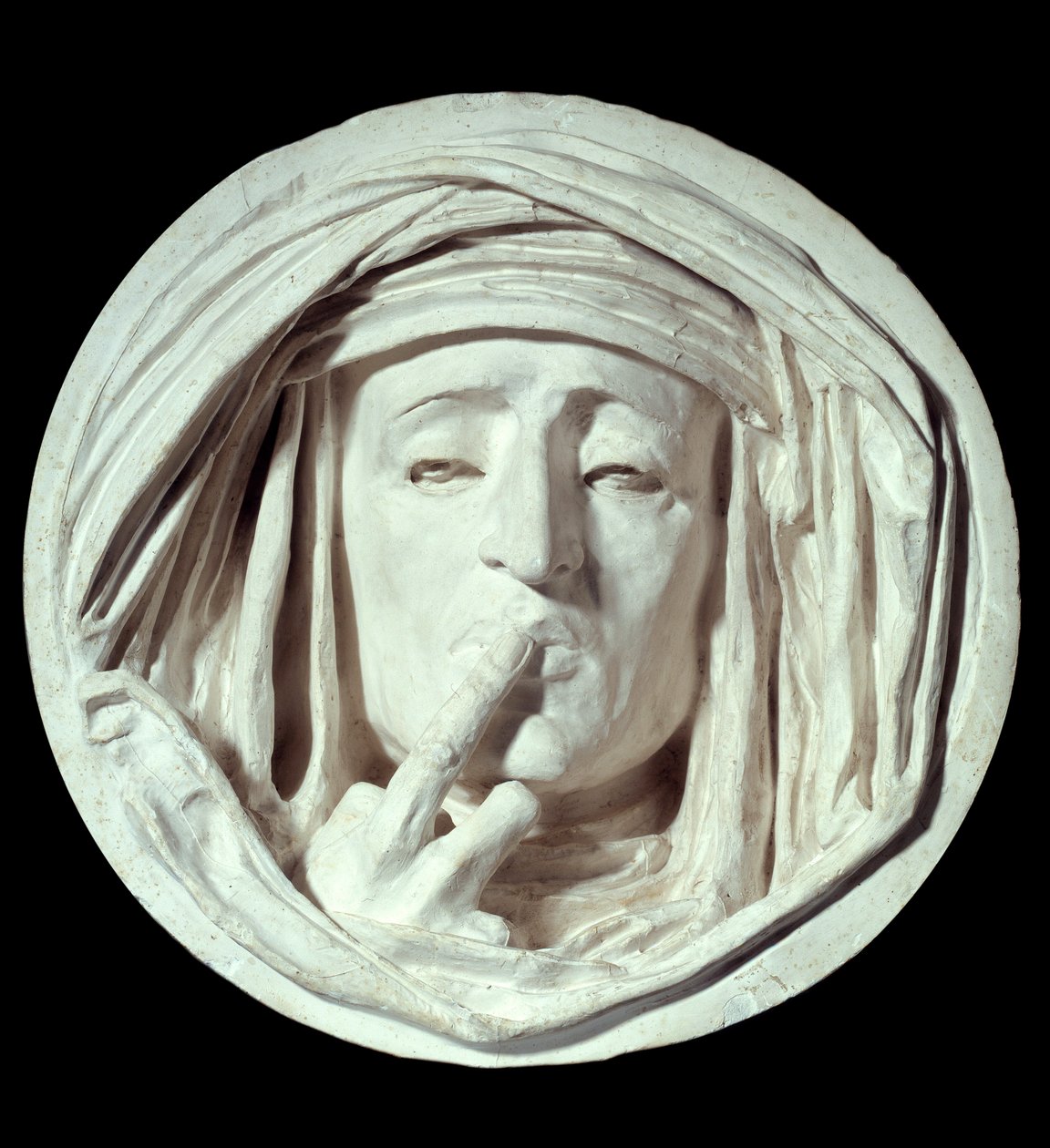 Schweigen. Symbolische Geste eines Mannes, der einen Finger auf seinen Mund legt. Gipsplastik von Auguste Preault (1809-1879) 19. Jahrhundert Paris, Louvre Museum von Antoine Augustin Preault