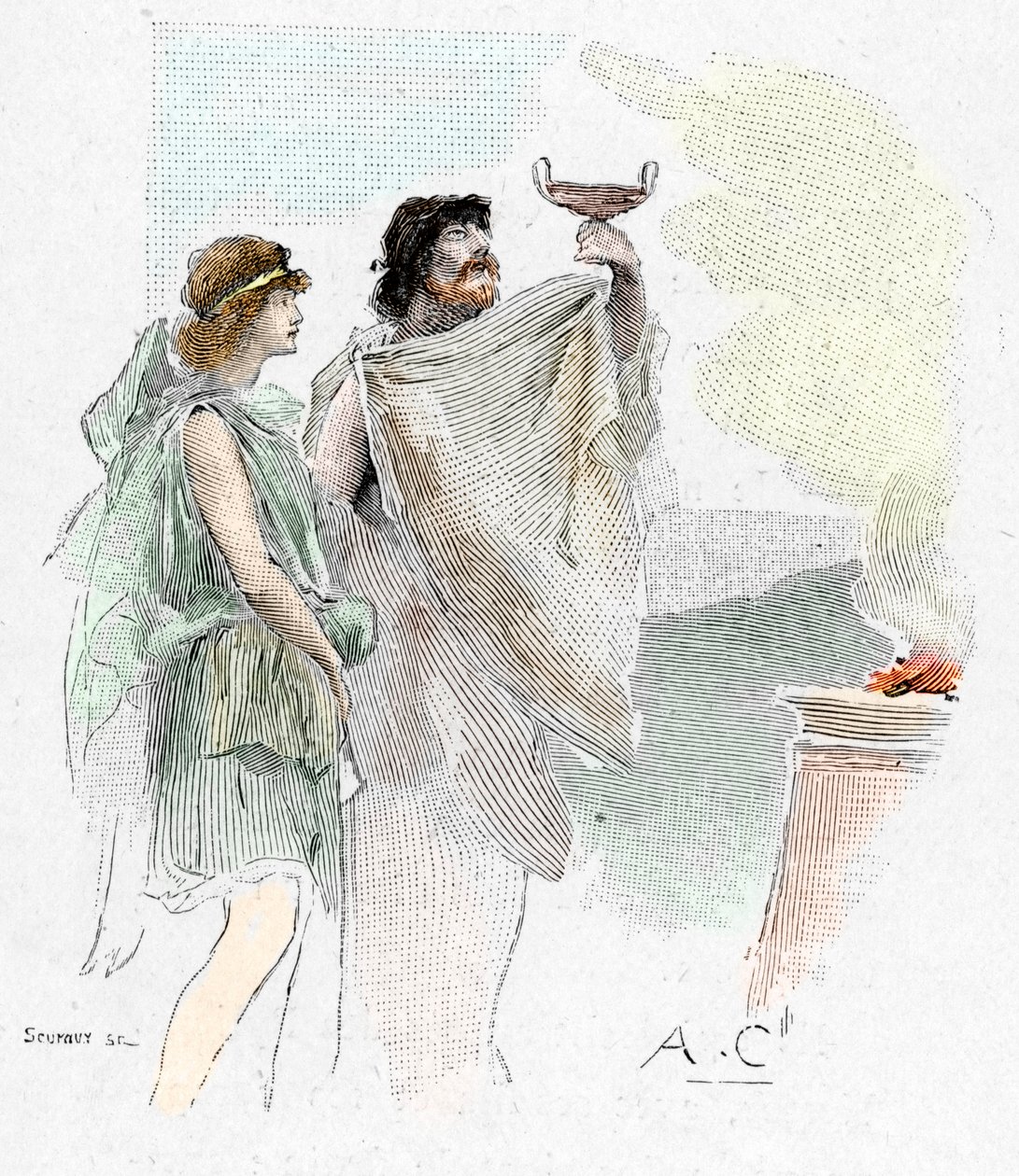 Odyssee von Homer: Peisistratos, Sohn von Nestor, bietet Telemachus in Pylos einen Becher Wein an (Illustration von Antoine Calbet für „Die Odyssee“) von Antoine Calbet