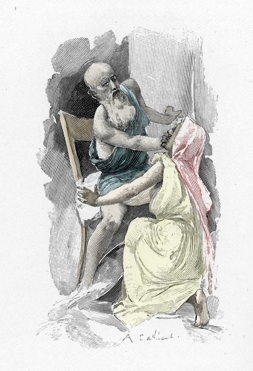 Odyssee von Homer: Gesang 19 „Odysseus, verkleidet als Bettler, schwört Eurykleia, die ihn erkannt hat, zur Geheimhaltung“ Illustration von Antoine Calbet von Antoine Calbet