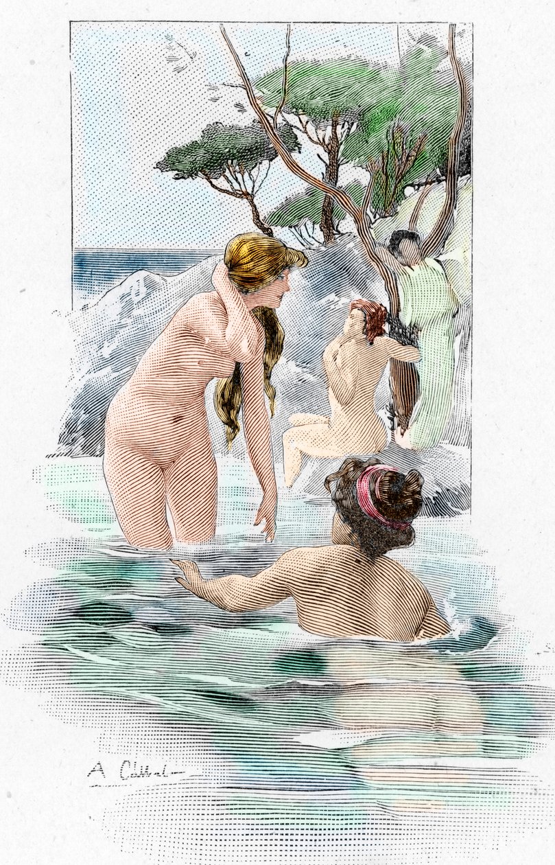 Odyssee von Homer: Nausikaa, Tochter des Königs Alkinoos, und ihre Dienerinnen waschen ihre Kleider im Fluss. Illustration von Antoine Calbet (1860-1944) für die Odyssee von Homer, 1897, Privatbesitz von Antoine Calbet