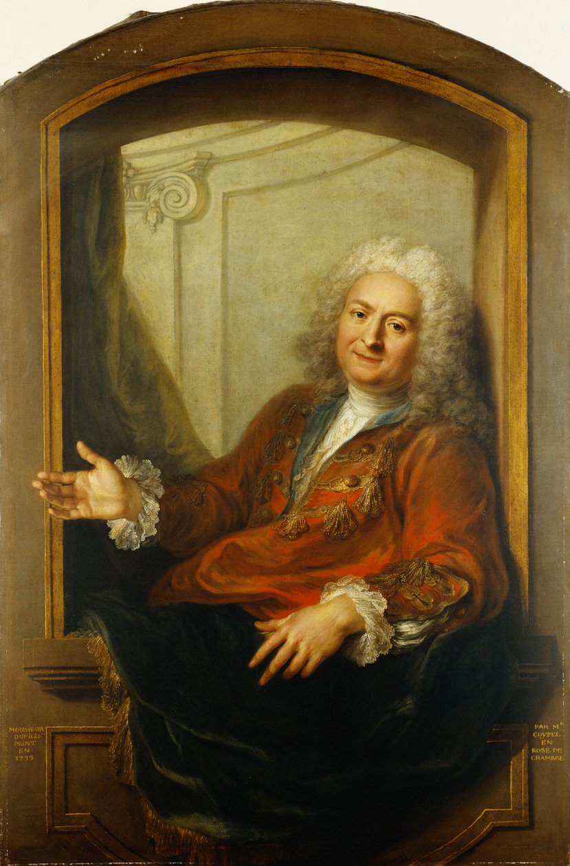 Porträt von Monsieur Dupille, Halbfigur, in einem Gewand am Rand eines Fensters sitzend, 1733 von Antoine Coypel