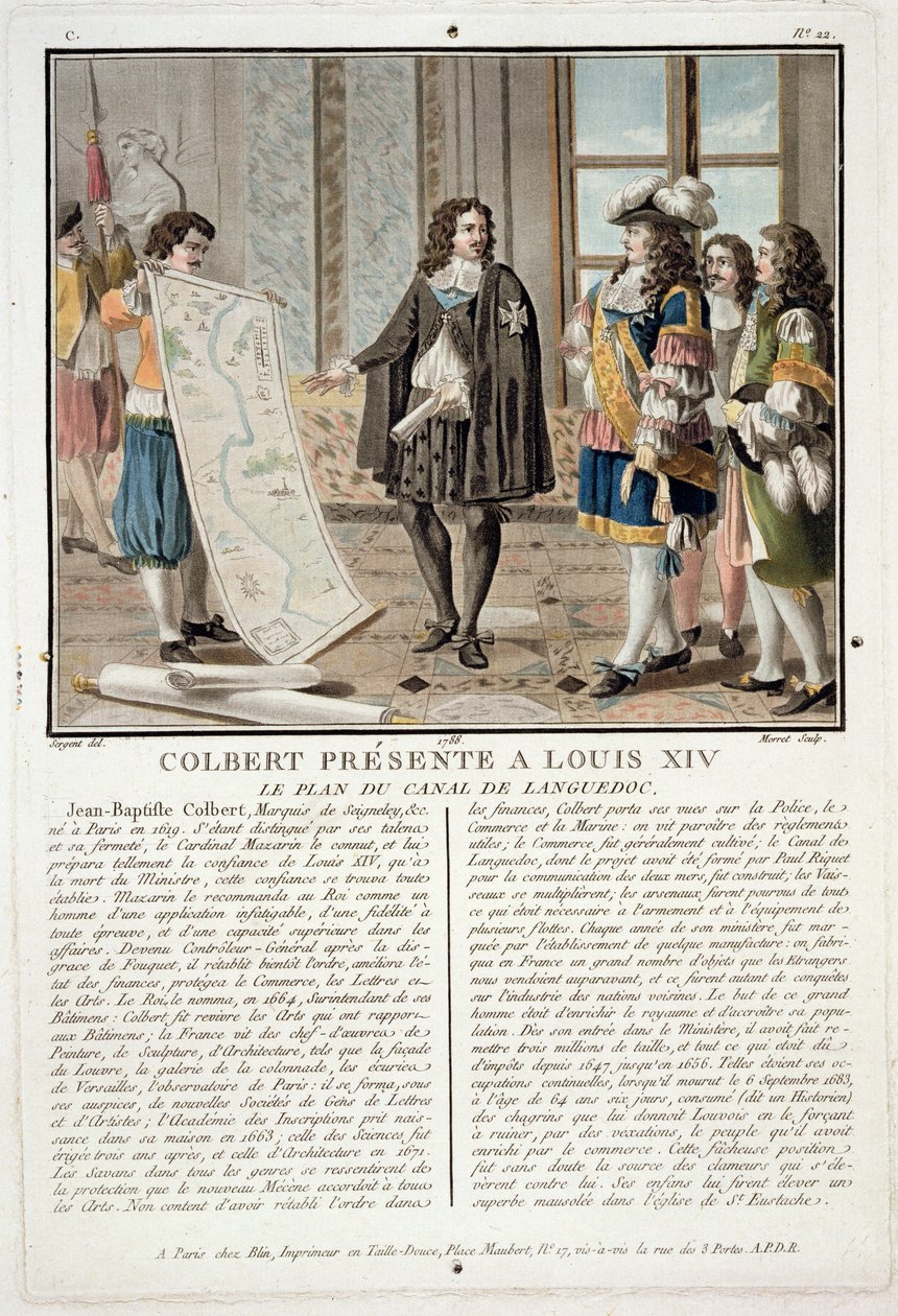 Jean Baptiste Colbert (1619-83) präsentiert die Karte des Canal du Languedoc an Ludwig XIV., graviert von Jean Baptiste Morret, 1788 von Antoine Louis Francois Sergent Marceau