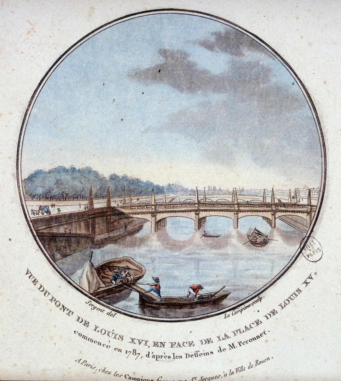 Ansicht der Brücke von Ludwig XVI., gegenüber dem Platz von Ludwig XV., begonnen 1787 nach den Zeichnungen von Herrn Peronnet. In pittoresken Ansichten der Hauptgebäude von Paris von Sergeant von Antoine Louis Francois Sergent Marceau