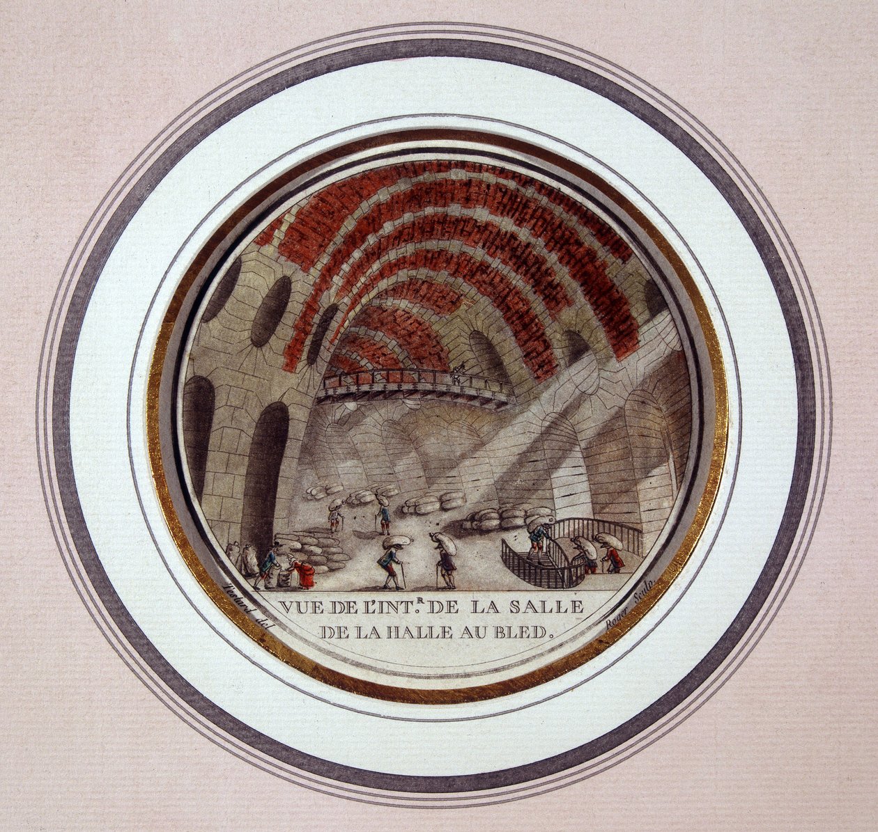 Ansicht des Inneren der neuen Markthalle, gebaut von Le Camus de Mézières zwischen 1763 und 1766, heute die Börse in Paris. In pittoresken Ansichten der Hauptgebäude von Paris von Sergeant von Antoine Louis Francois Sergent Marceau