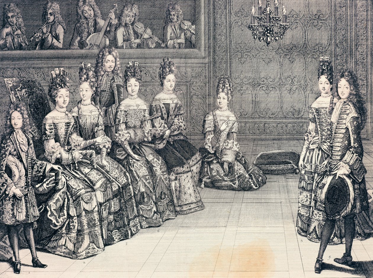 Herzog von Burgund, Herzogin von Maine, Prinzessin von Conti und Herzöge von Chartres hören Musik von Antoine Trouvain