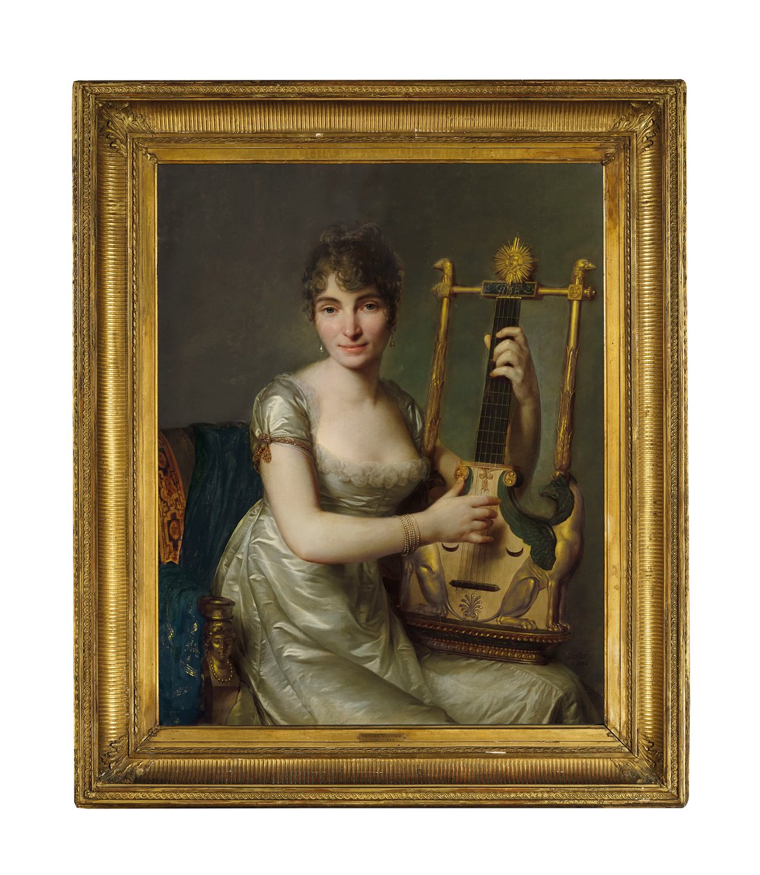 Porträt von Madame Larmoyer, dreiviertel Länge, eine Lyra haltend von Antoine Vestier