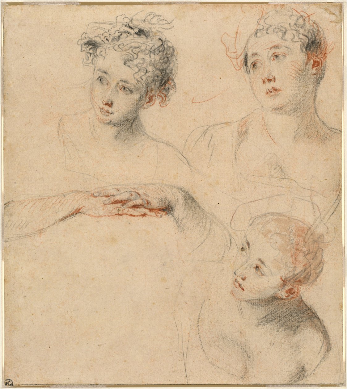 Drei Studien eines Frauenkopfes und eine Studie von Händen [recto] von Antoine Watteau