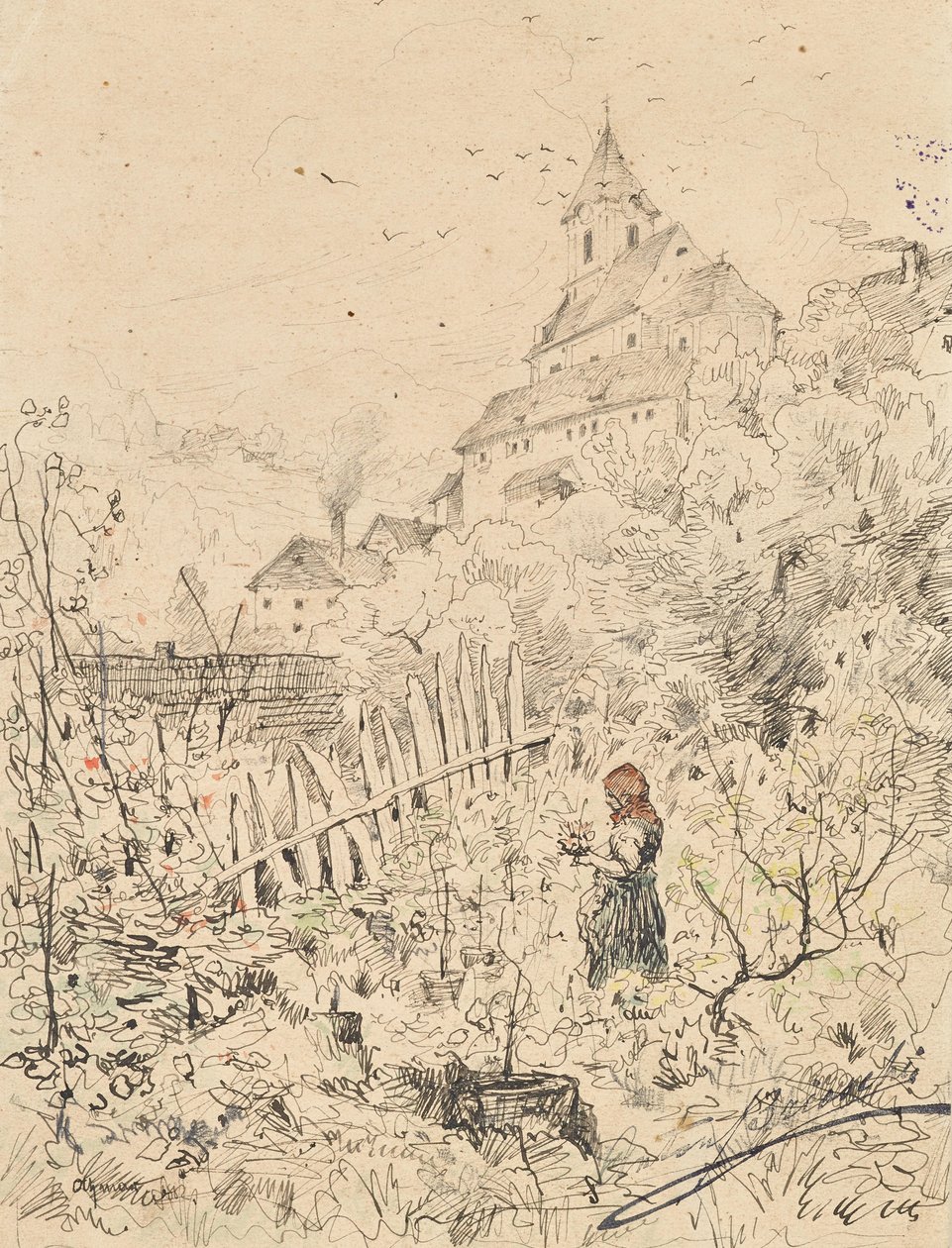 Bauernmädchen in Garten, dahinter Kirche und Dorf von Anton Brioschi