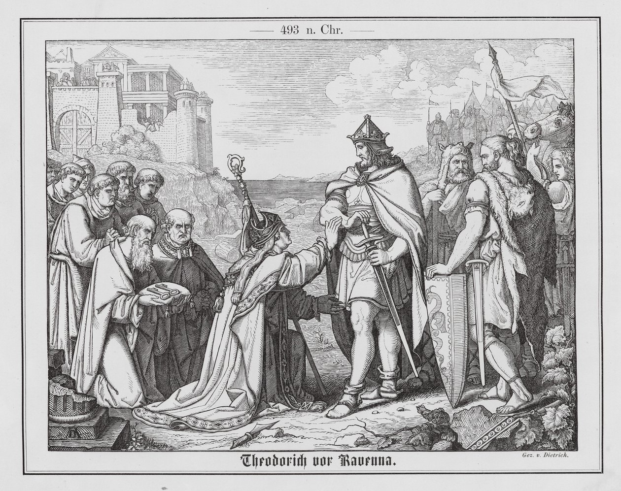 Theoderich der Große vor Ravenna, 493 (Gravur) von Anton Dietrich