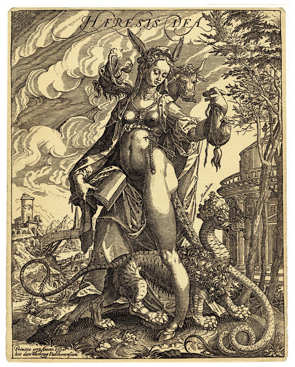 Die Gottheit von Heresia, eine allegorische Figur in Form einer Frau mit Eselsohren, die ein Buch mit zerrissenen Seiten und ein monströses Wesen zwischen ihren Beinen hält. Gegenreformatorischer satirischer Druck von Anton Eisenhout Ende des 16. Jahrhunde von Anton Eisenhout