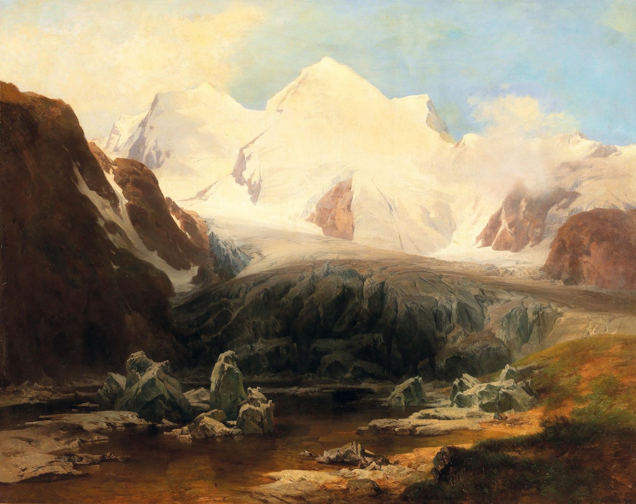 Blick auf einen Bergsee mit schneebedeckten Bergen im Hintergrund von Anton Hansch