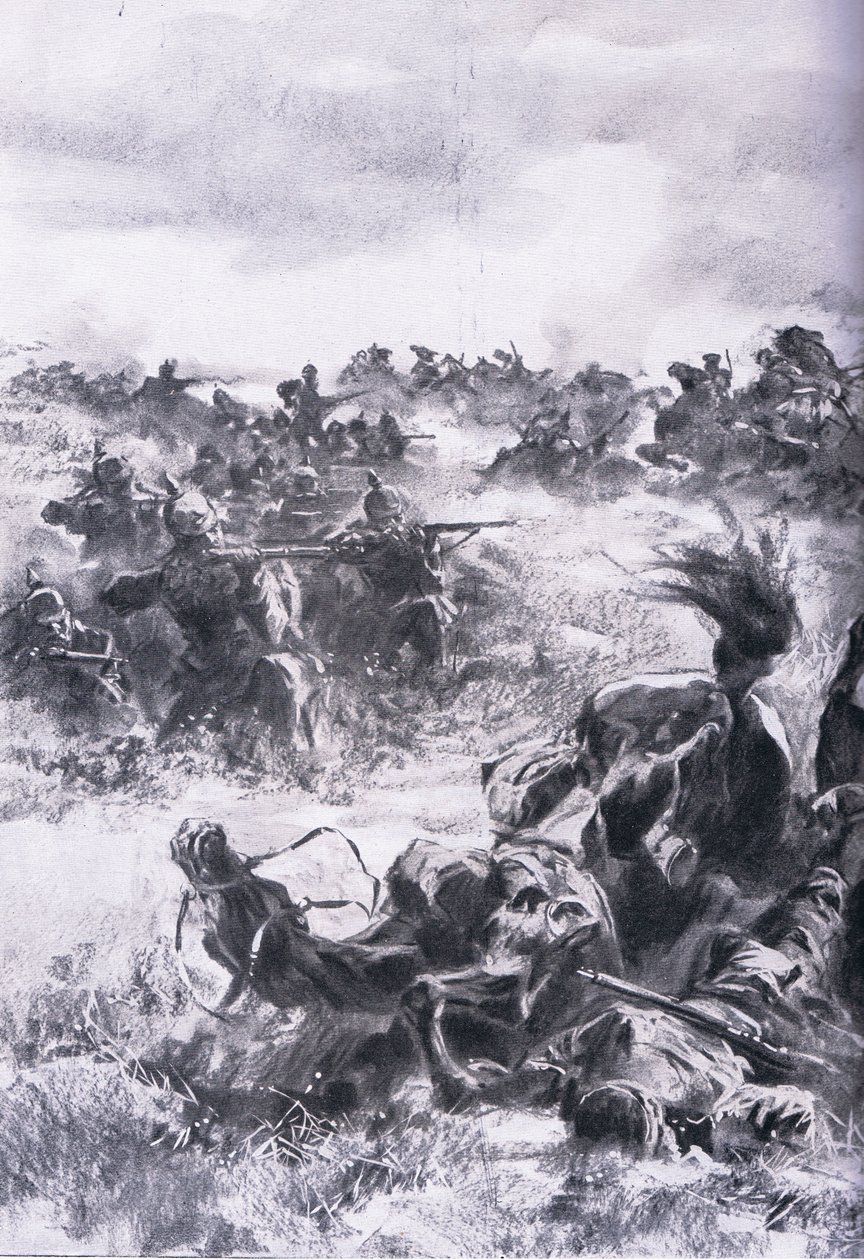 Niederlage der 14. russischen Kavalleriebrigade bei Praszysz, aus Die illustrierte Geschichte des Weltkriegs 1914-1915, veröffentlicht von Union Berlagsefellfchaft von Anton Hoffman