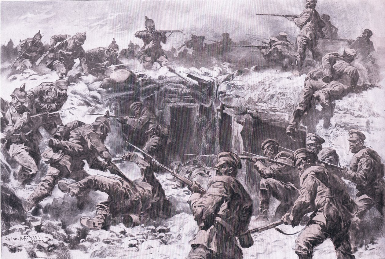 Die Niederlage des Moskauer Grenadierkorps durch schlesische, preußische und kaiserliche deutsche Truppen, aus Die illustrierte Geschichte des Weltkriegs 1914-1915, veröffentlicht von Union Berlagsefellfchaft von Anton Hoffman