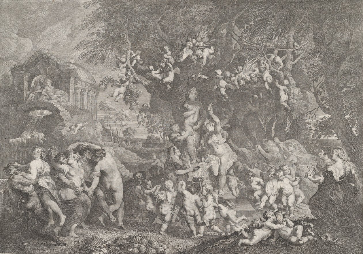 Das Fest der Venus mit Gruppen von Satyrn, Nymphen und Putti, die um eine Statue tanzen von Anton Joseph von Prenner