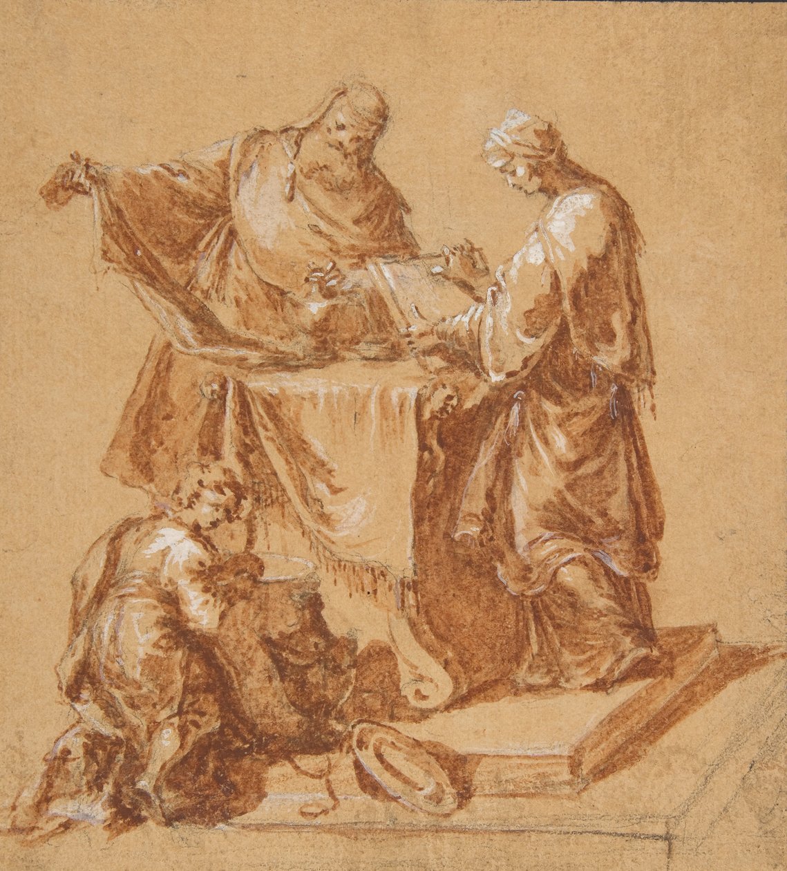 Ein Hohepriester, die Prophetin Anna und ein kniender Junge um einen Tisch, 1745 von Anton Kern