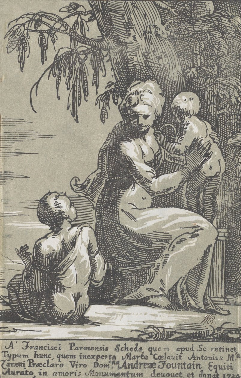 Eine Frau steht am Fuße eines Baumes und hält ein Kleinkind, mit einem sitzenden Jungen von Anton Maria Zanetti