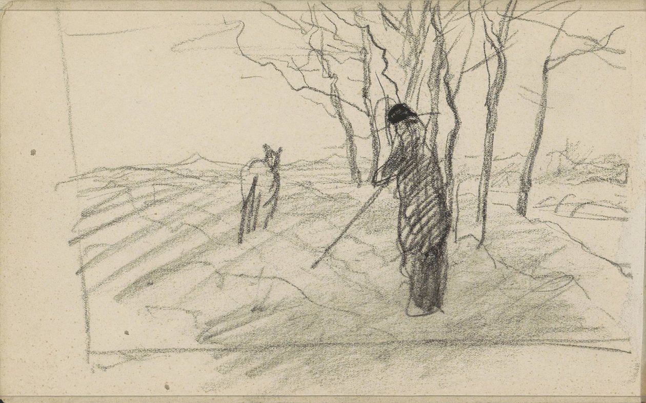 Stehender Mann mit einem Stock und einem Tier auf einem gepflügten Feld von Anton Mauve