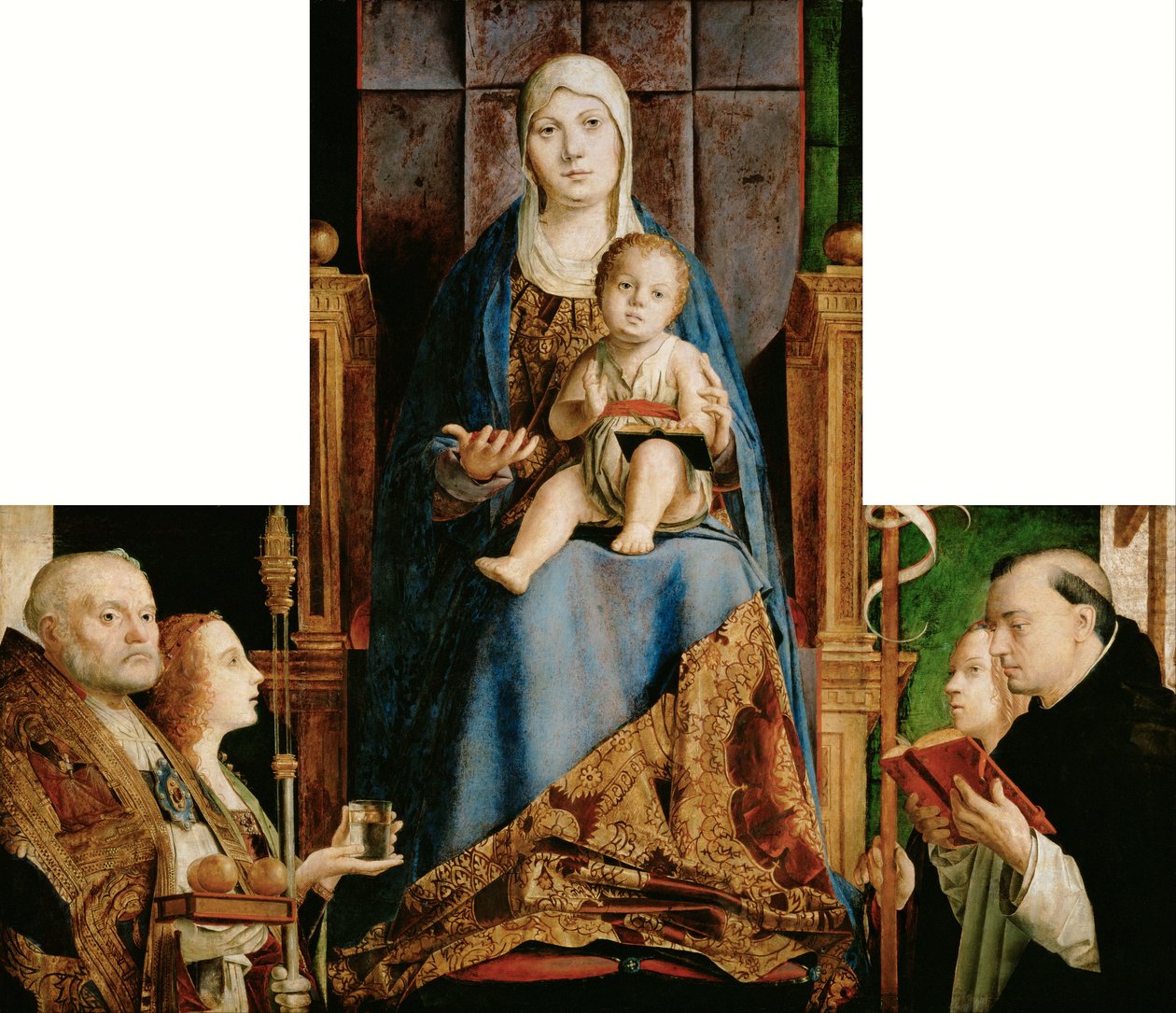 Maria mit Kind und den Heiligen Nikolaus von Bari, Anastasia (?), Ursula, Dominikus und (vom Rahmen überschnitten) Helena von Antonello da Messina