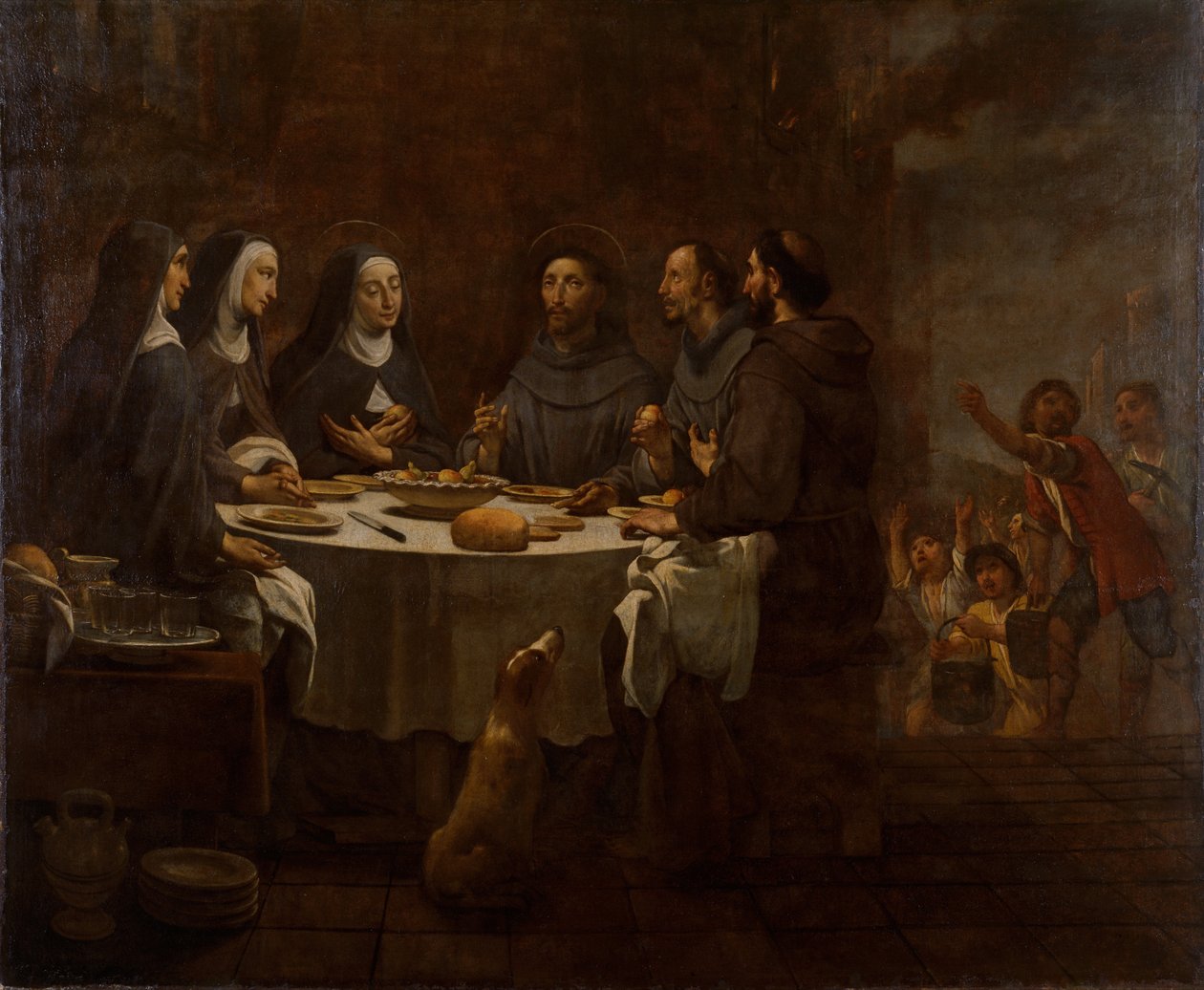 Der heilige Franziskus und die heilige Klara beim Abendessen im Kloster von Sankt Damian von Antoni Viladomat