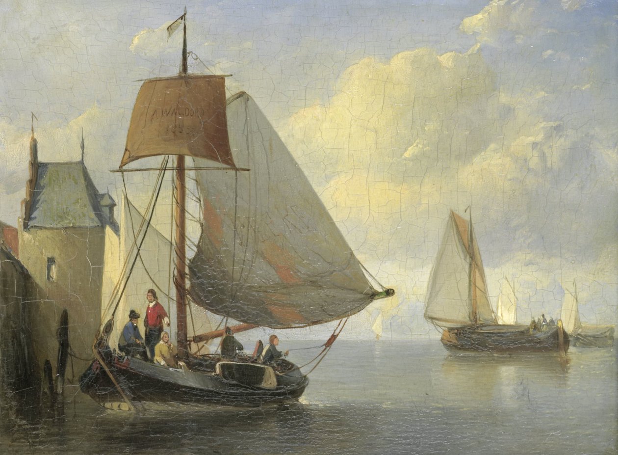 Flussansicht mit einem Wehrturm inspiriert vom Camperveer Turm in Veere von Antonie Waldorp
