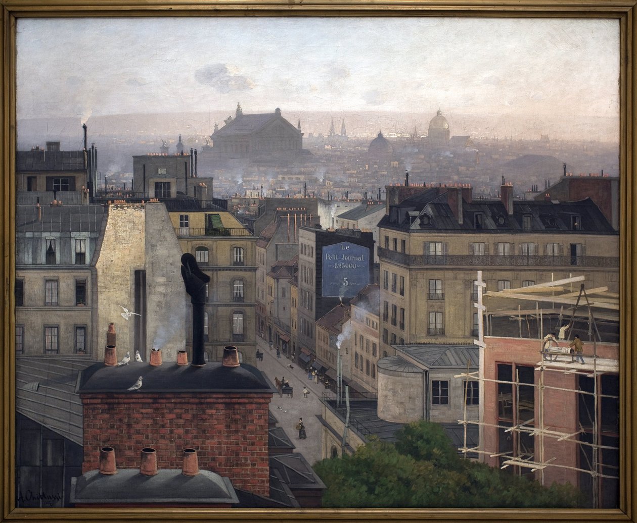 Paris von Montmartre aus gesehen. An der Wand eines der Gebäude eine Werbung für „Die kleine Zeitung“ von Antonin Chittussi