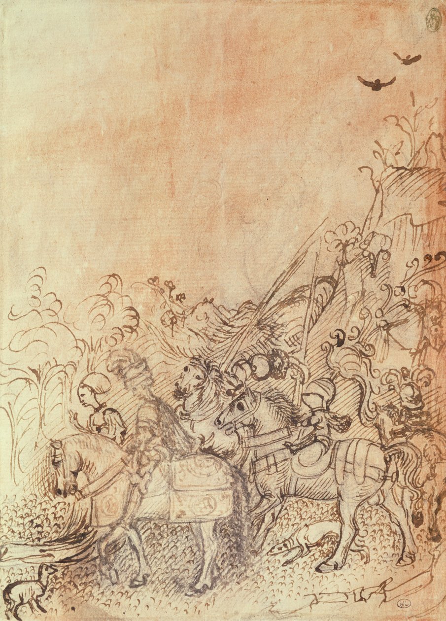 Johann von Gonzague und seine Höflinge in einer bergigen Landschaft, aus dem Vallardi-Album von Antonio Pisanello