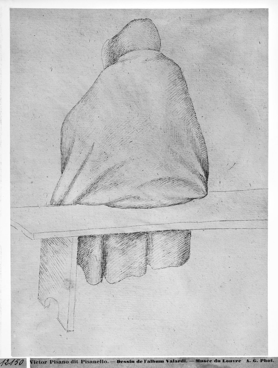 Mönch, der auf einer Bank sitzt, von hinten gesehen, aus dem Vallardi-Album von Antonio Pisanello