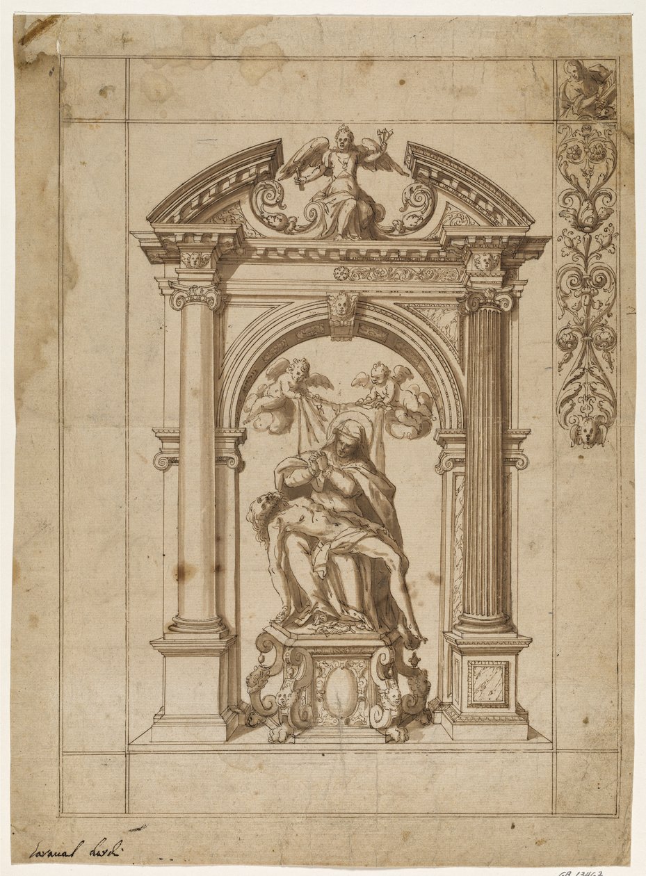 Entwurf für ein Prozessionsbanner mit einer Pietà unter einer aufwendigen Altararchitektur in Form eines Triumphbogens und Teil des Randdesigns oben rechts von Antonio Aliense