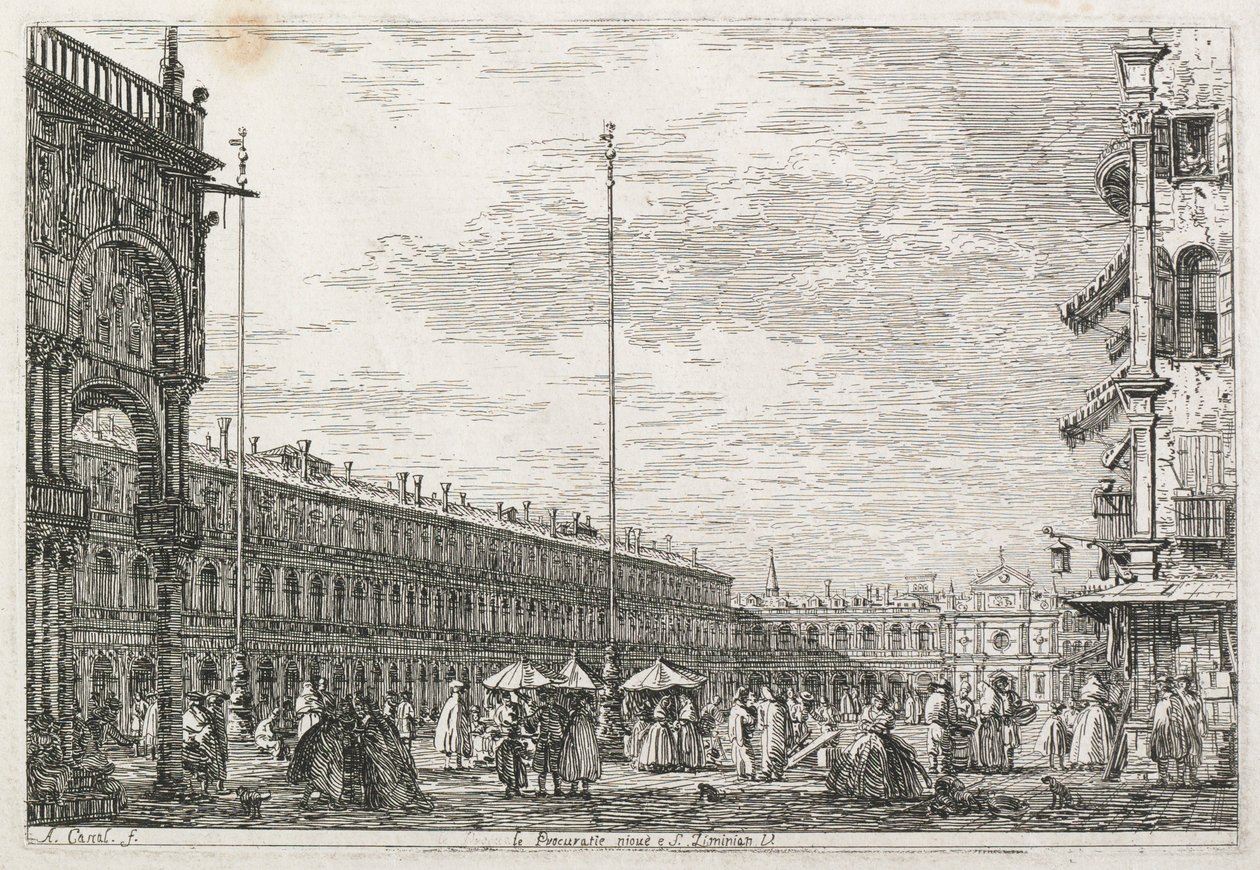 Ansichten: Der Palast der Prokuratoren und die Kirche St. Geminien, Venedig, 1735-1746 von Giovanni Antonio Canal