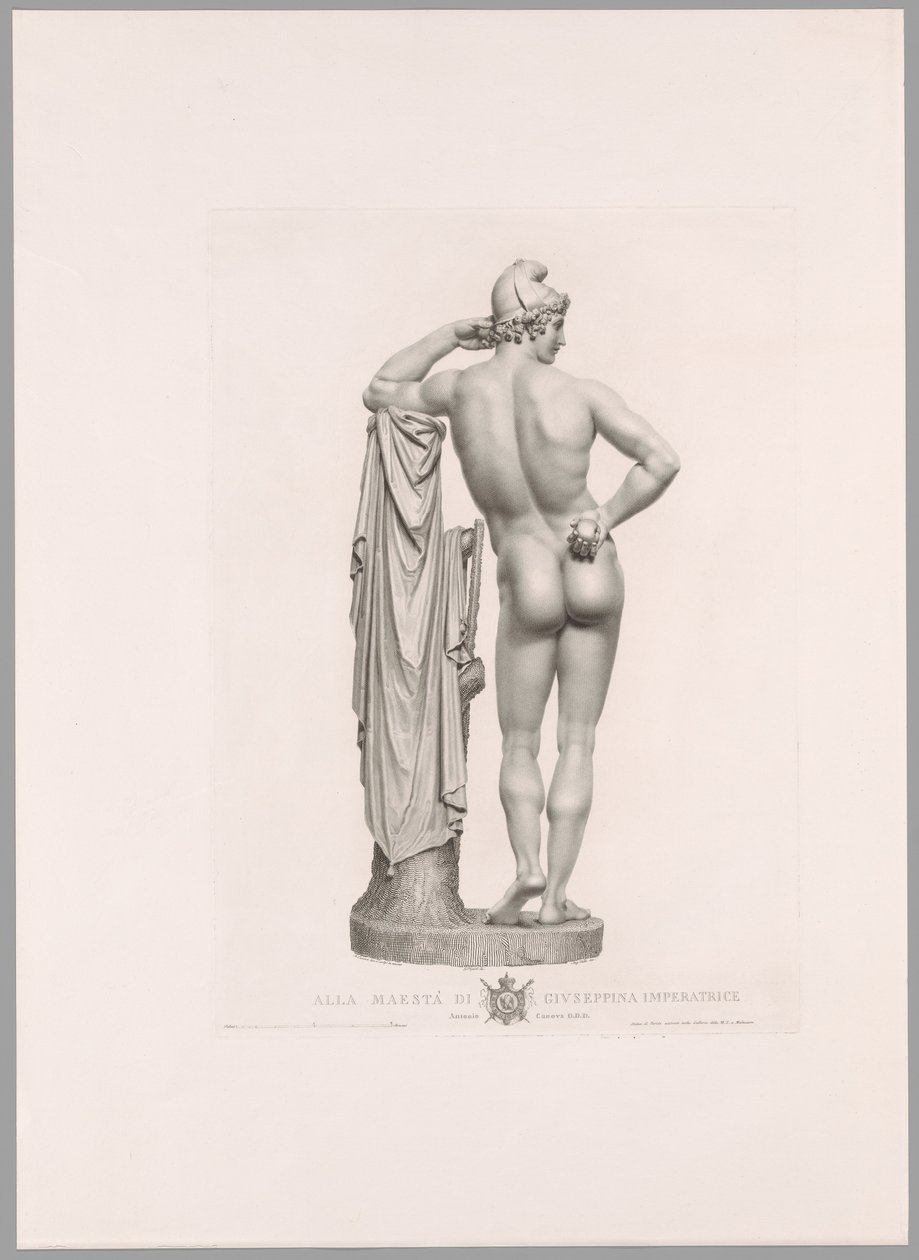 Paris lehnt an Baumstumpf, Rückansicht, aus Oeuvre de Canova von Antonio Canova