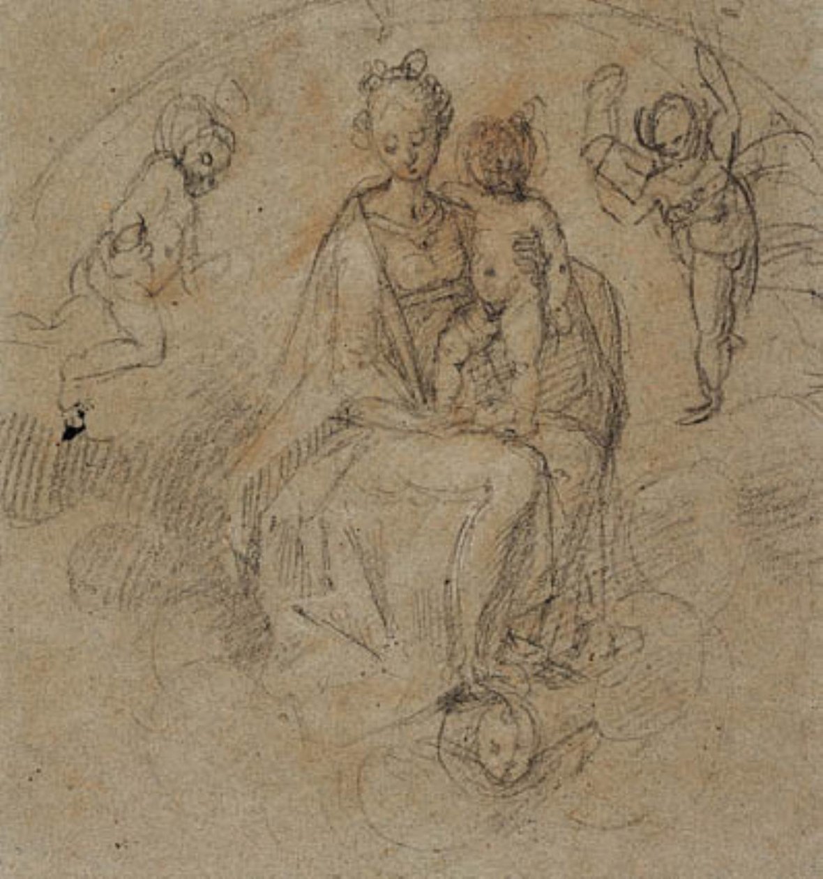 Madonna und Kind in den Wolken, flankiert von zwei Putti von Antonio Cimatori